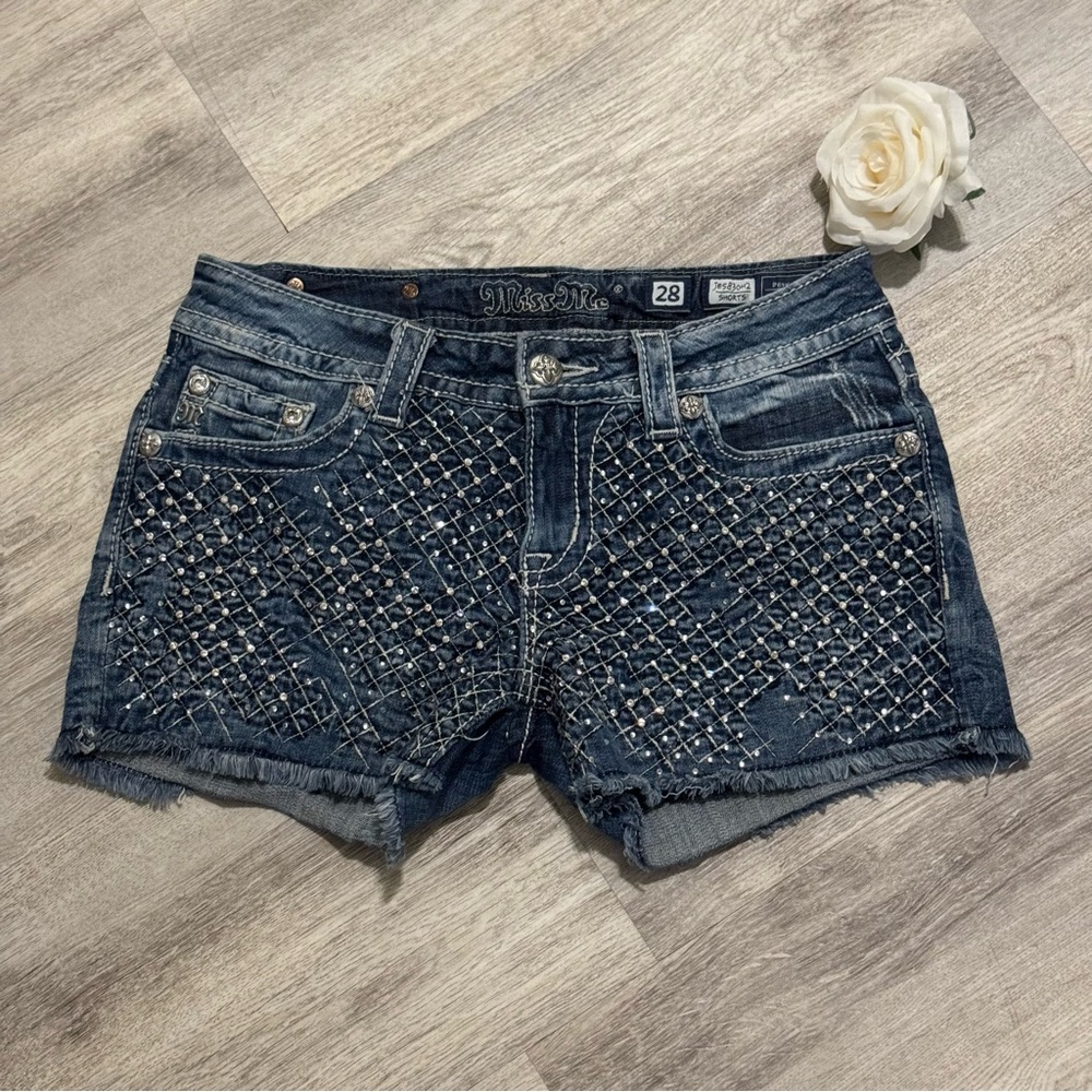 Miss Me Dark Blue Studded Denim Jean Shorts